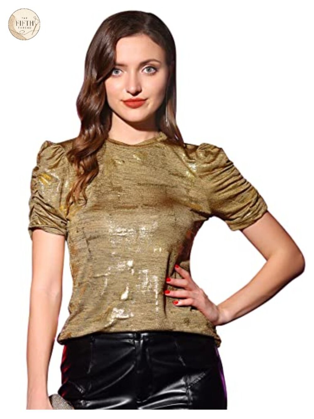 Women's Glitter Metallic Party Top Round Neck Puff Short Sleeve Pullover